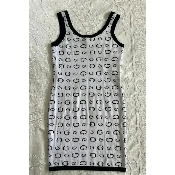 GUESS Monogram G Logo Mini Dress Black White Knit Bodycon Sheath Women’s Size M - Picture 12 of 12